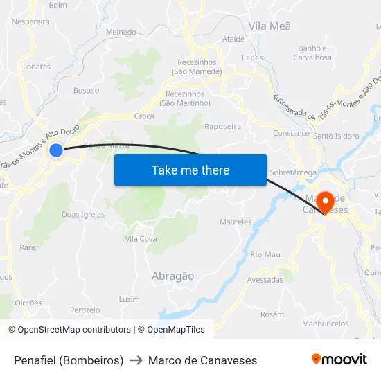 Penafiel (Bombeiros) to Marco de Canaveses map