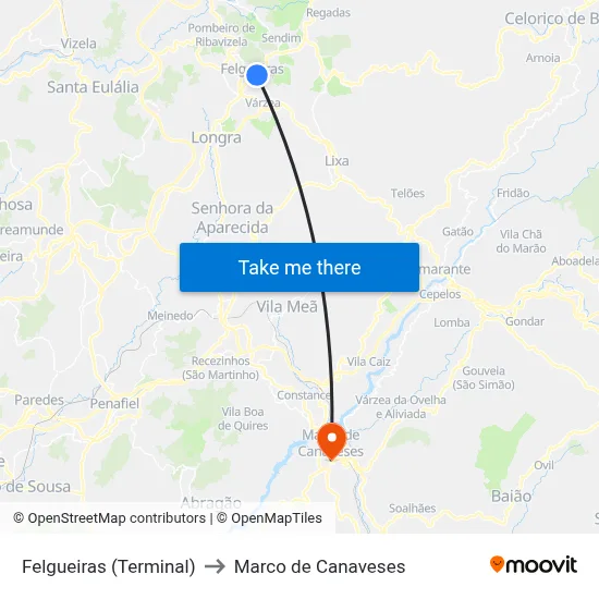 Felgueiras (Terminal) to Marco de Canaveses map