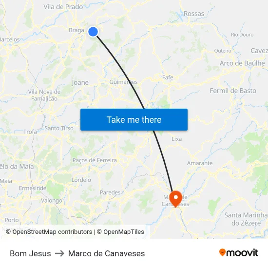 Bom Jesus to Marco de Canaveses map