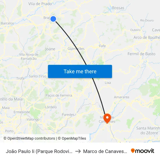 João Paulo Ii (Parque Rodovia) to Marco de Canaveses map