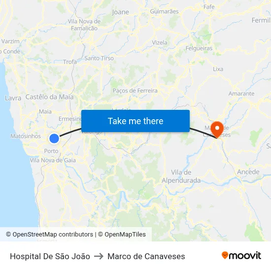 Hospital De São João to Marco de Canaveses map
