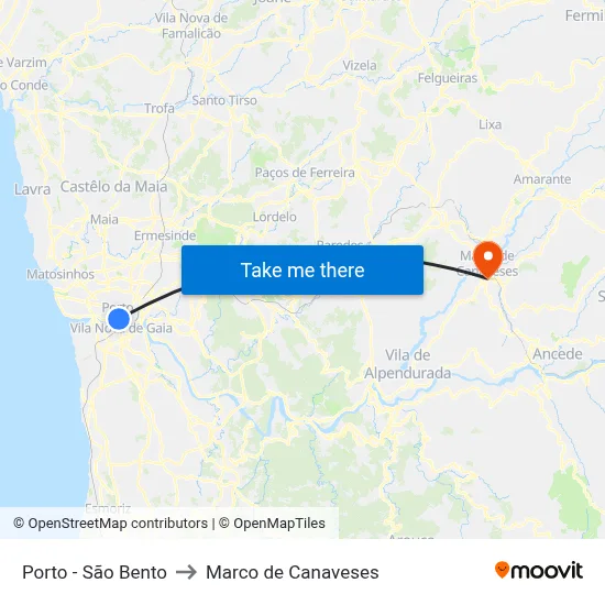 Porto - São Bento to Marco de Canaveses map