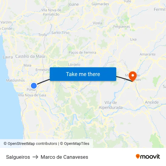 Salgueiros to Marco de Canaveses map