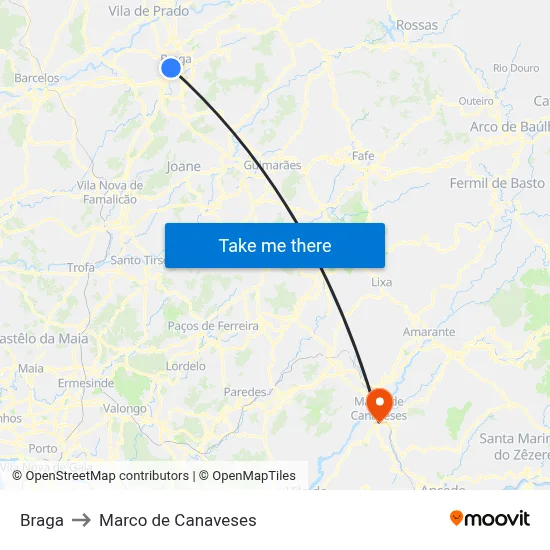 Braga to Marco de Canaveses map