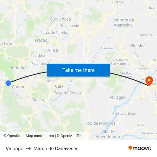 Valongo to Marco de Canaveses map