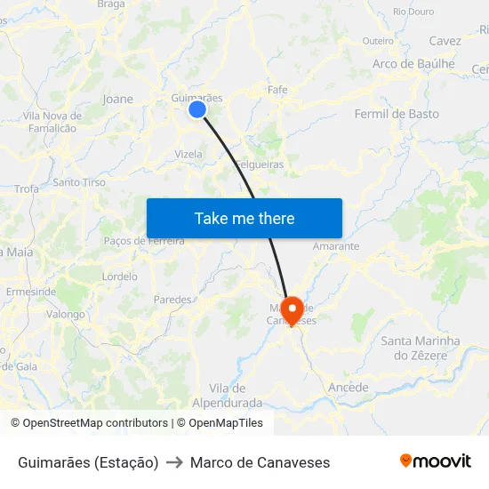 Guimarães (Estação) to Marco de Canaveses map
