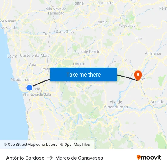 António Cardoso to Marco de Canaveses map