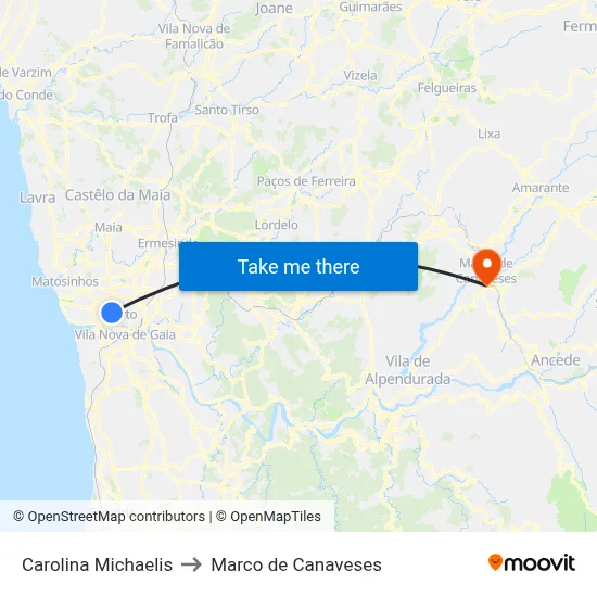 Carolina Michaelis to Marco de Canaveses map