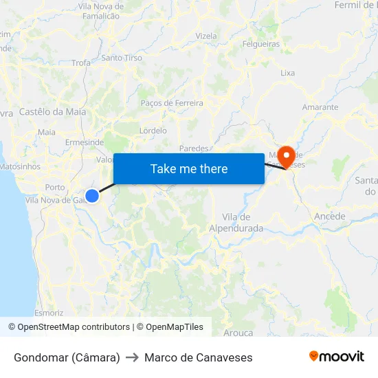 Gondomar (Câmara) to Marco de Canaveses map