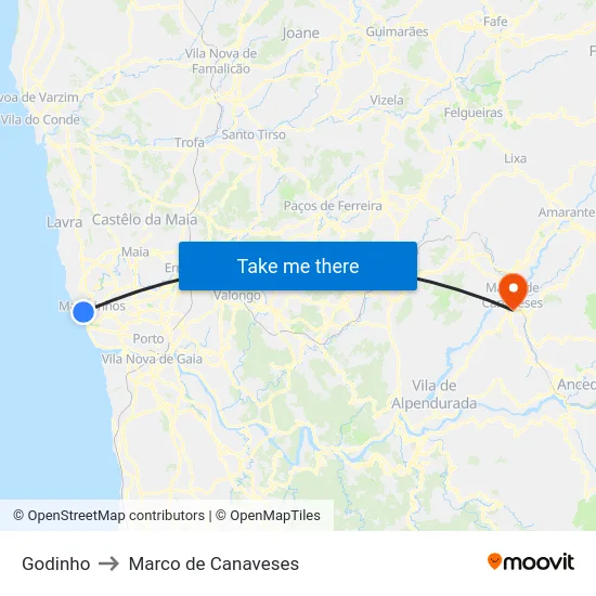 Godinho to Marco de Canaveses map
