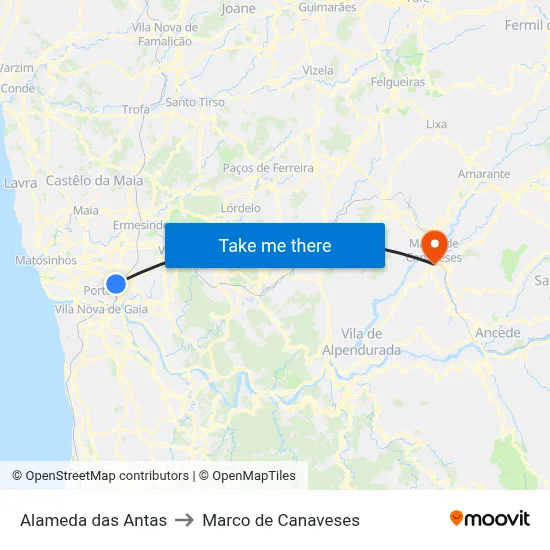 Alameda das Antas to Marco de Canaveses map