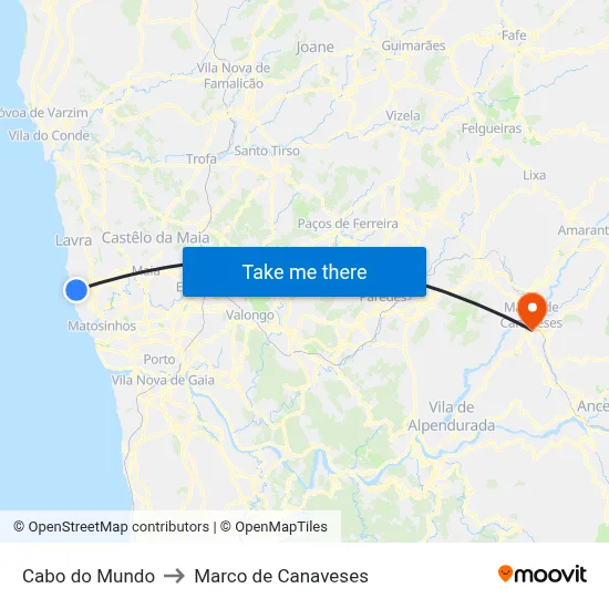 Cabo do Mundo to Marco de Canaveses map