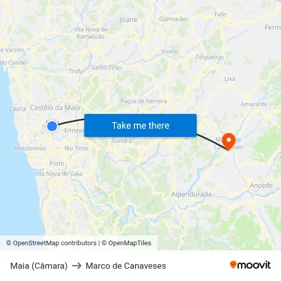 Maia (Câmara) to Marco de Canaveses map