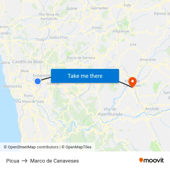 Pícua to Marco de Canaveses map