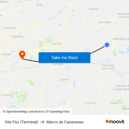 Vila Flor (Terminal) to Marco de Canaveses map
