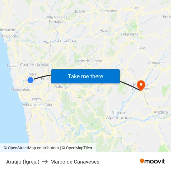 Araújo (Igreja) to Marco de Canaveses map