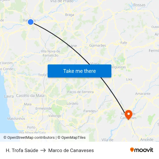 H. Trofa Saúde to Marco de Canaveses map