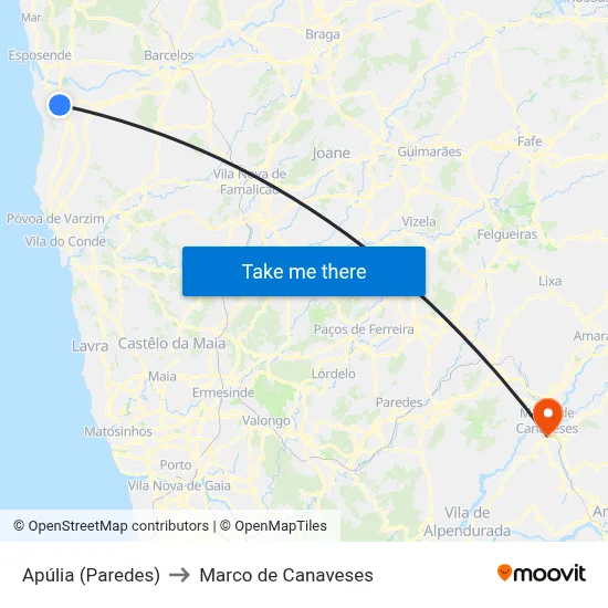 Apúlia (Paredes) to Marco de Canaveses map