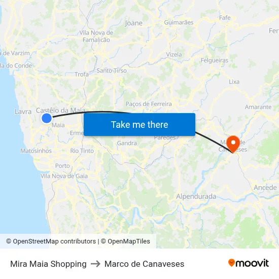 Mira Maia Shopping to Marco de Canaveses map