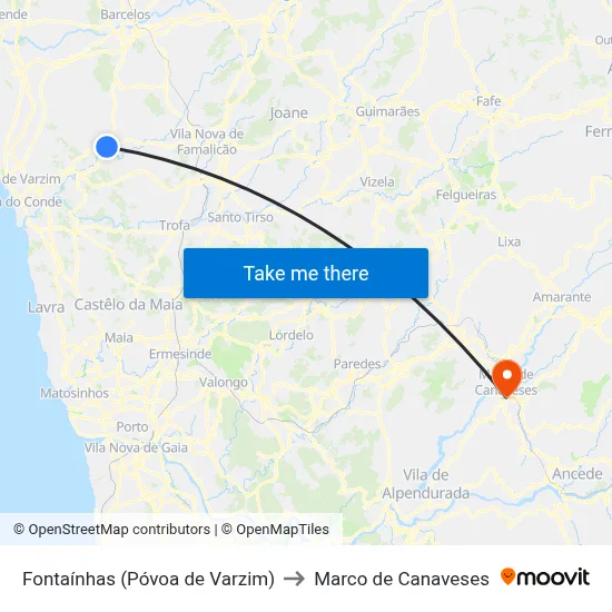 Fontaínhas (Póvoa de Varzim) to Marco de Canaveses map
