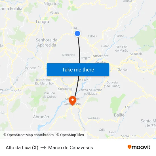 Alto da Lixa (X) to Marco de Canaveses map
