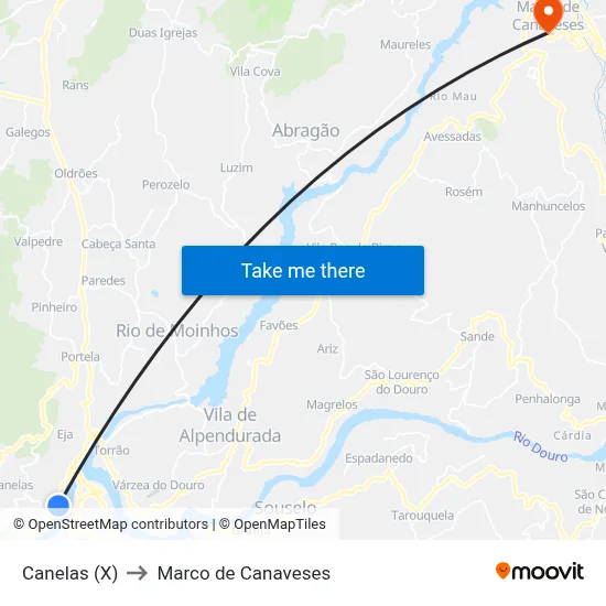 Canelas (X) to Marco de Canaveses map