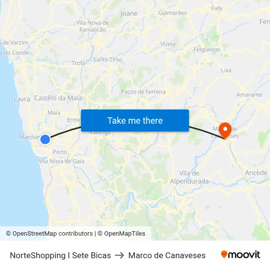 NorteShopping I Sete Bicas to Marco de Canaveses map