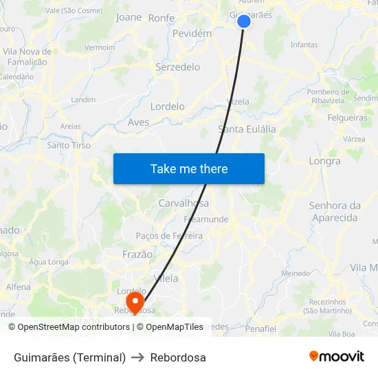 Guimarães (Terminal) to Rebordosa map