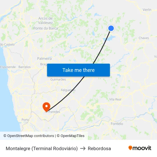 Montalegre (Terminal Rodoviário) to Rebordosa map