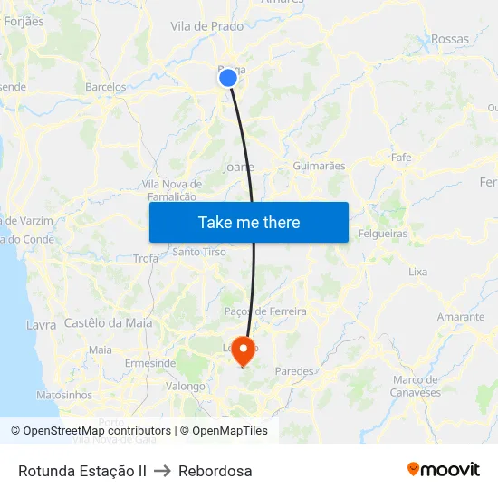 Rotunda Estação II to Rebordosa map