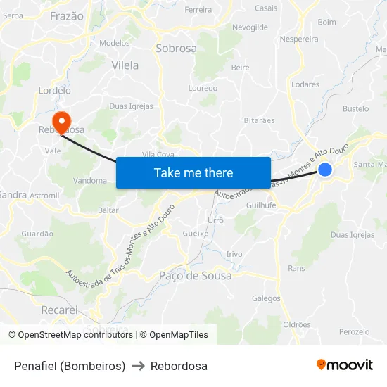 Penafiel (Bombeiros) to Rebordosa map