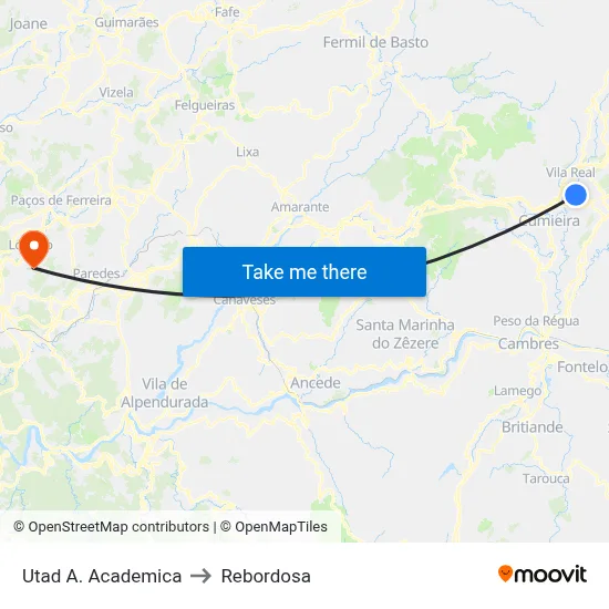 Utad A. Academica to Rebordosa map