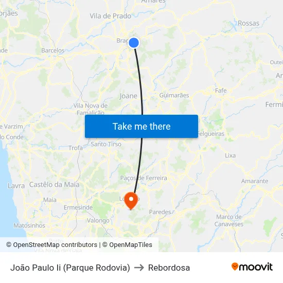 João Paulo Ii (Parque Rodovia) to Rebordosa map