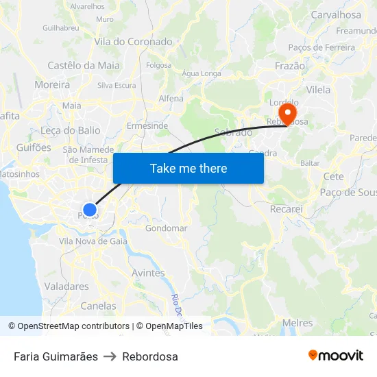 Faria Guimarães to Rebordosa map