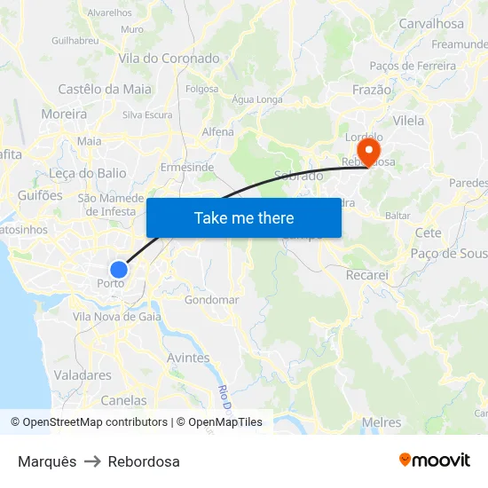 Marquês to Rebordosa map