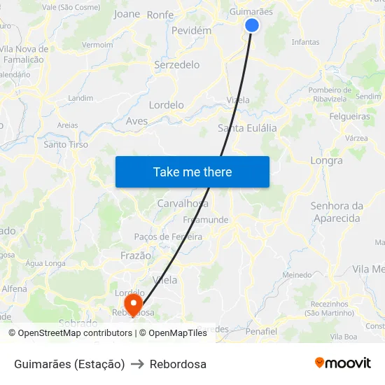 Guimarães (Estação) to Rebordosa map