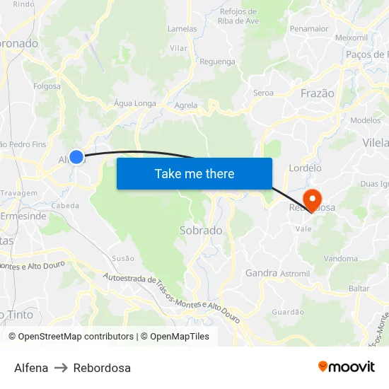 Alfena to Rebordosa map