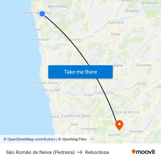 São Romão de Neiva (Pedreira) to Rebordosa map