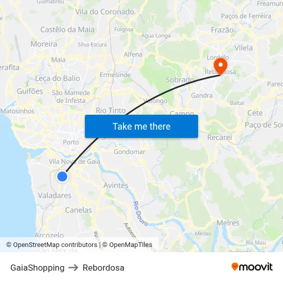 GaiaShopping to Rebordosa map