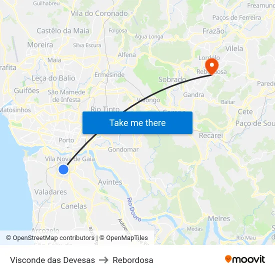 Visconde das Devesas to Rebordosa map