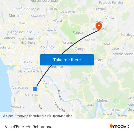 Vila d'Este to Rebordosa map