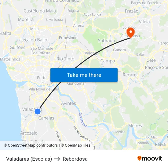 Valadares (Escolas) to Rebordosa map