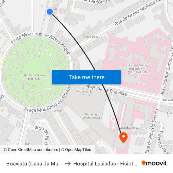 Boavista (Casa da Música) to Hospital Lusiadas - Fisioterapia map