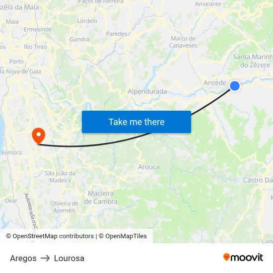 Aregos to Lourosa map