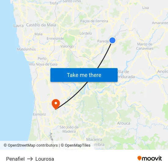 Penafiel to Lourosa map
