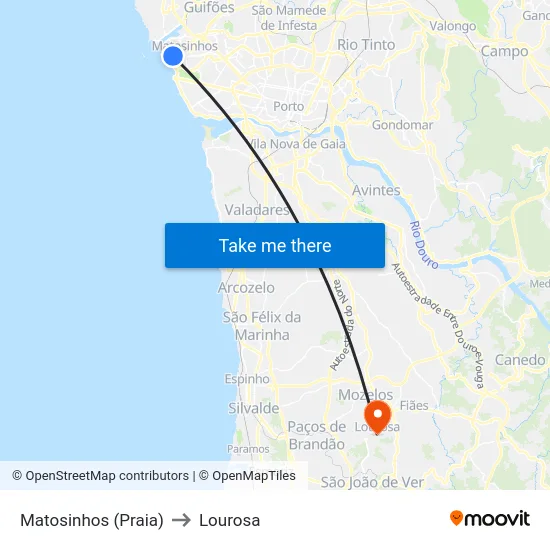 Matosinhos (Praia) to Lourosa map