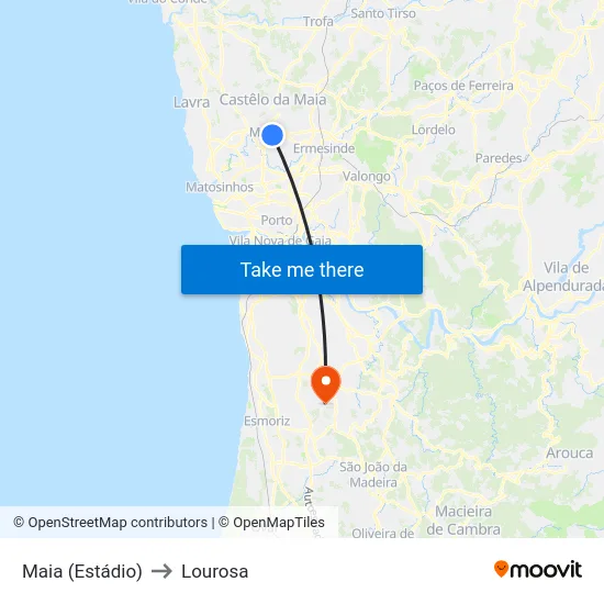 Maia (Estádio) to Lourosa map