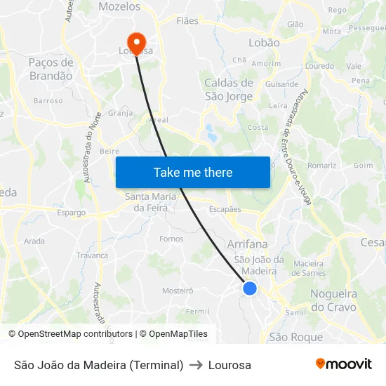 São João da Madeira (Terminal) to Lourosa map