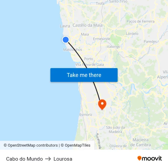 Cabo do Mundo to Lourosa map