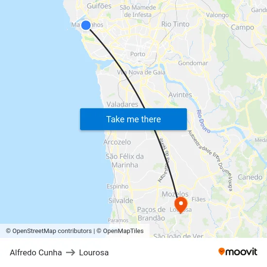 Alfredo Cunha to Lourosa map